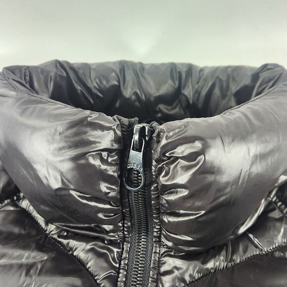 Guess Quilted Puffer Winter Jacket Size Small Shiny Black Full Zip Thumb Holes - Picture 6 of 10